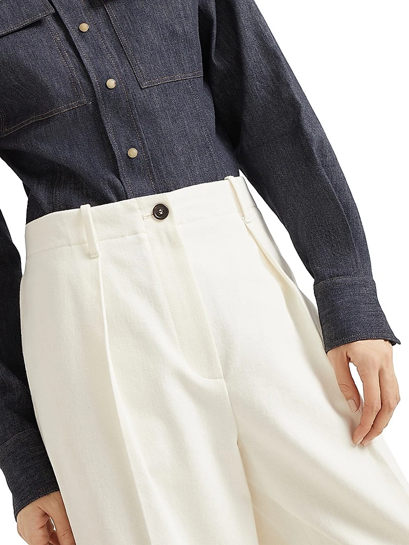 Dyed Cotton and Wool Wrinkled Denim Pleated Chino Trousers