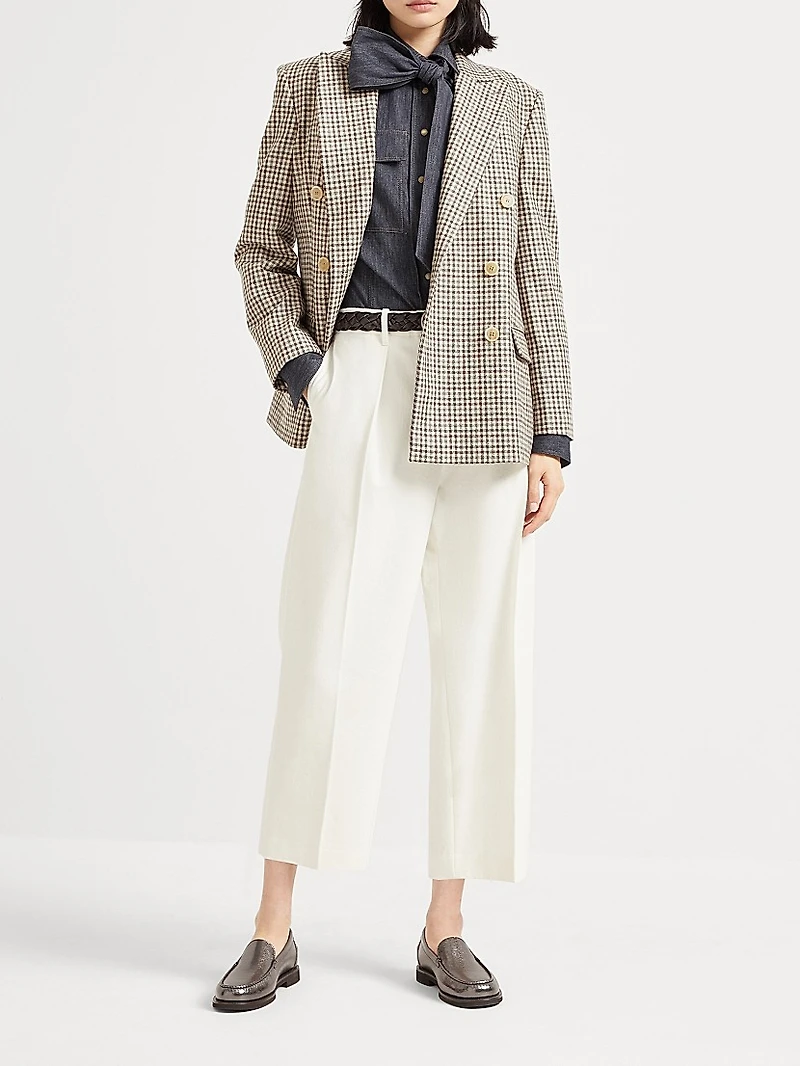 Dyed Cotton and Wool Wrinkled Denim Pleated Chino Trousers