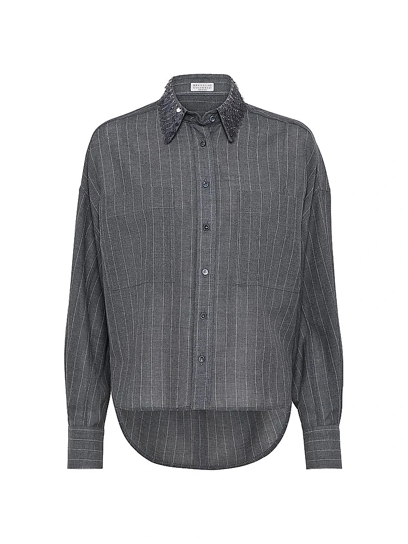 Virgin Wool Chalk Stripe Gauze Shirt with Swing Drops Collar