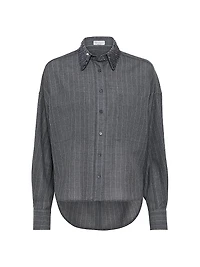 Virgin Wool Chalk Stripe Gauze Shirt with Swing Drops Collar