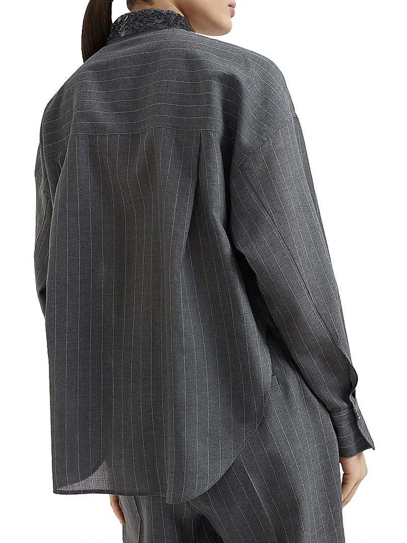 Virgin Wool Chalk Stripe Gauze Shirt with Swing Drops Collar
