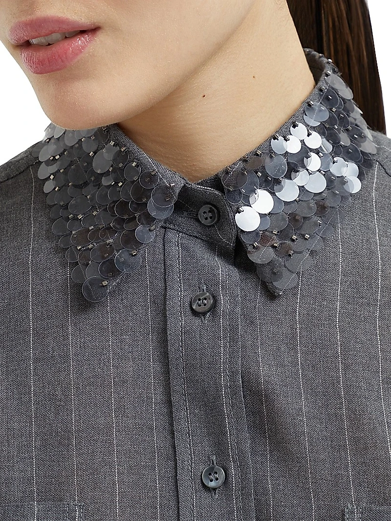 Virgin Wool Chalk Stripe Gauze Shirt with Swing Drops Collar