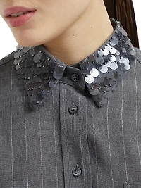 Virgin Wool Chalk Stripe Gauze Shirt with Swing Drops Collar