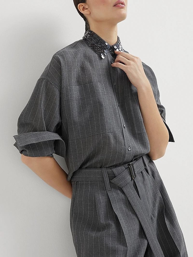 Virgin Wool Chalk Stripe Gauze Shirt with Swing Drops Collar