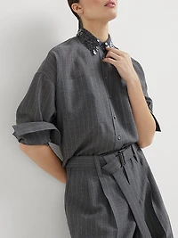 Virgin Wool Chalk Stripe Gauze Shirt with Swing Drops Collar