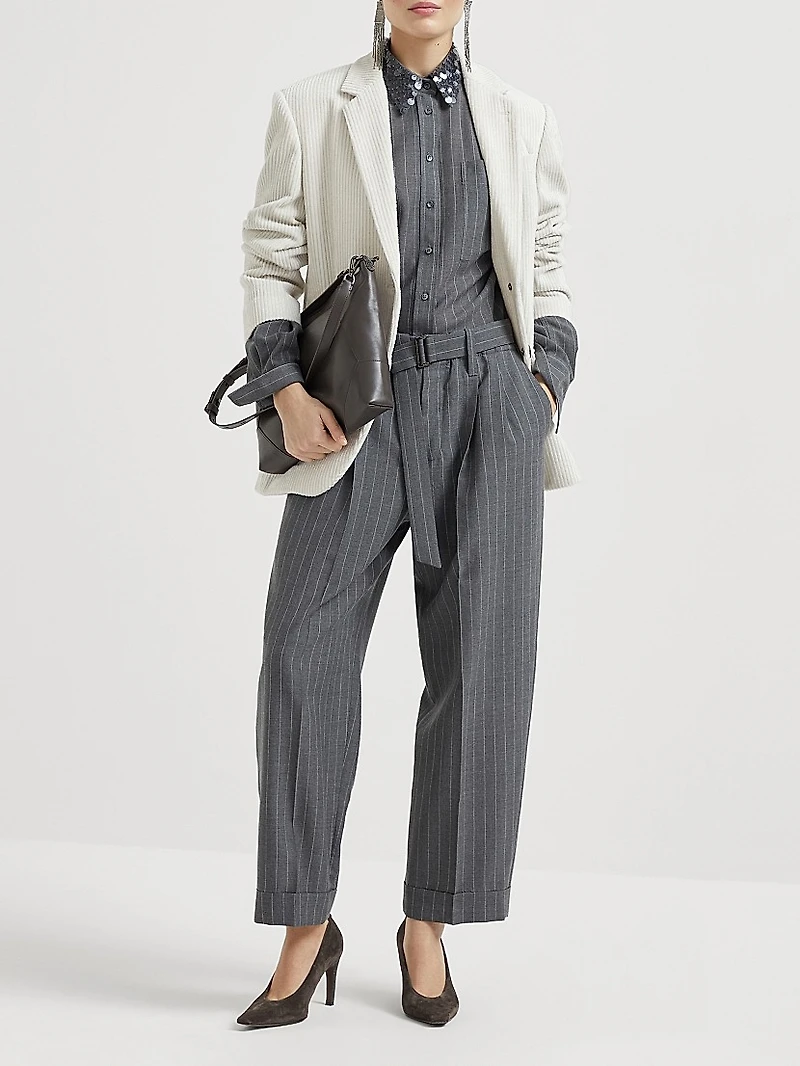 Virgin Wool Chalk Stripe Gauze Shirt with Swing Drops Collar