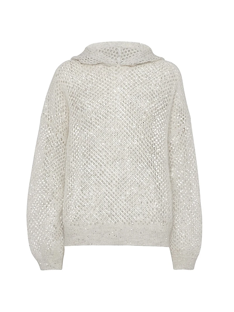 Mohair, Cotton and Wool Dazzling Mesh Hooded Knit Sweatshirt