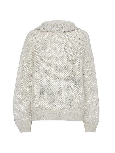 Mohair, Cotton and Wool Dazzling Mesh Hooded Knit Sweatshirt