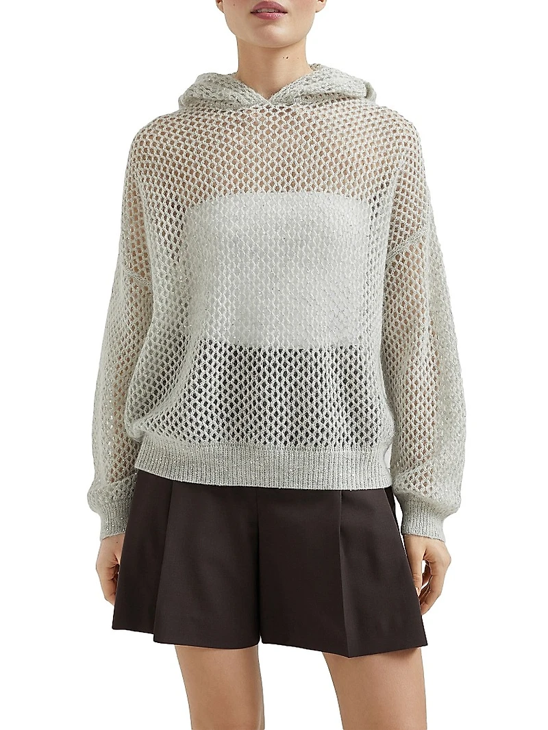 Mohair, Cotton and Wool Dazzling Mesh Hooded Knit Sweatshirt
