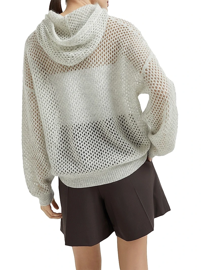 Mohair, Cotton and Wool Dazzling Mesh Hooded Knit Sweatshirt