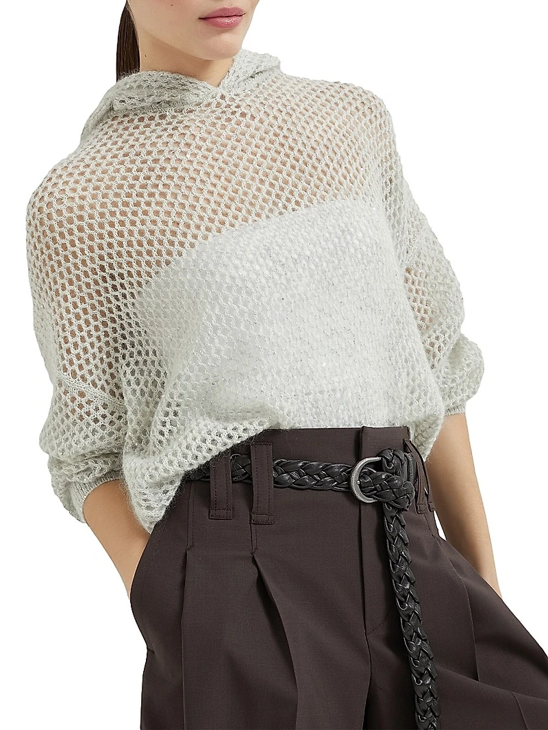 Mohair, Cotton and Wool Dazzling Mesh Hooded Knit Sweatshirt