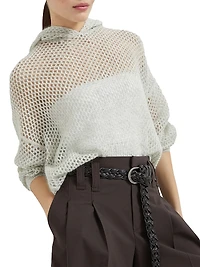 Mohair, Cotton and Wool Dazzling Mesh Hooded Knit Sweatshirt