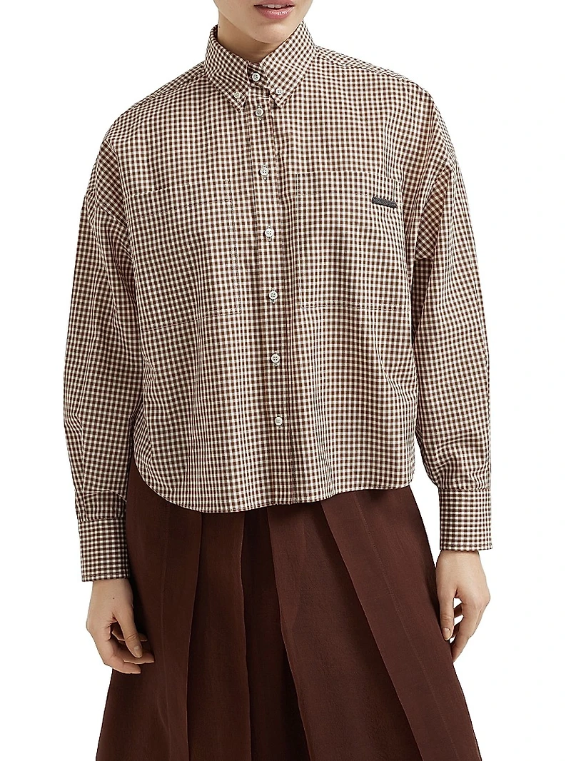 Cotton Checked Poplin Shirt with Monili