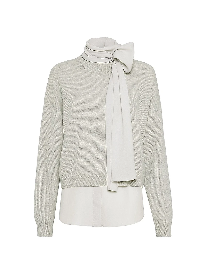 Cashmere English Rib Sweater with Detachable Pussybow Blouse