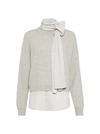 Cashmere English Rib Sweater with Detachable Pussybow Blouse