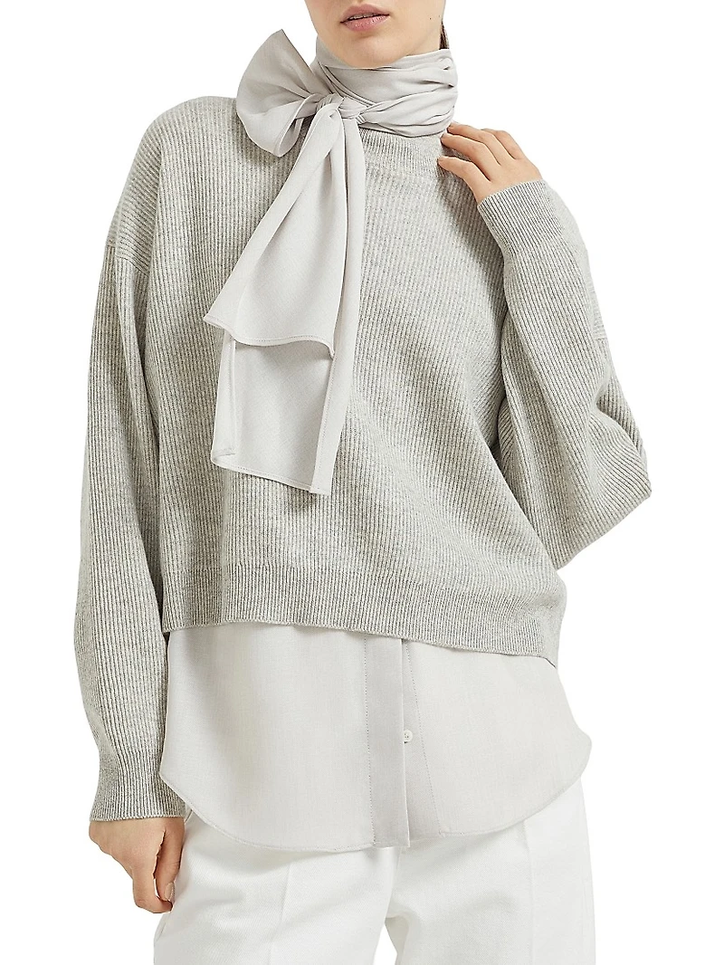 Cashmere English Rib Sweater with Detachable Pussybow Blouse