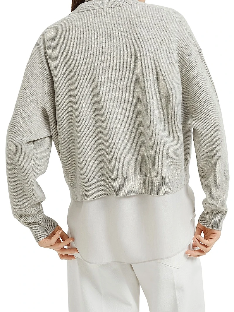 Cashmere English Rib Sweater with Detachable Pussybow Blouse