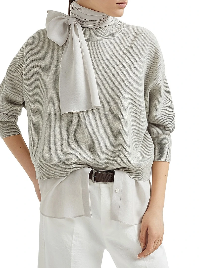 Cashmere English Rib Sweater with Detachable Pussybow Blouse
