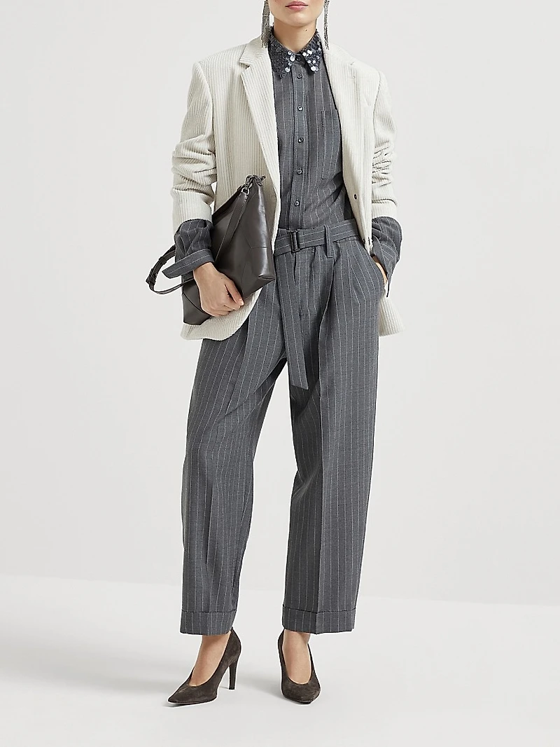 Virgin Wool Chalk Stripe Gauze Baggy Sartorial Trousers