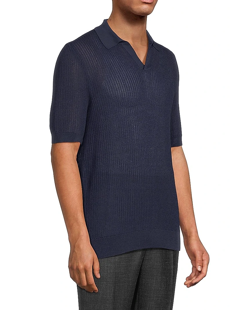 Open Weave Johnny Collar Short-Sleeve Shirt