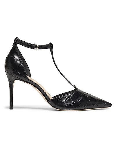 Clara Croco 85MM Leather T-Strap Pumps