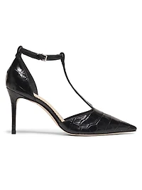 Clara Croco 85MM Leather T-Strap Pumps