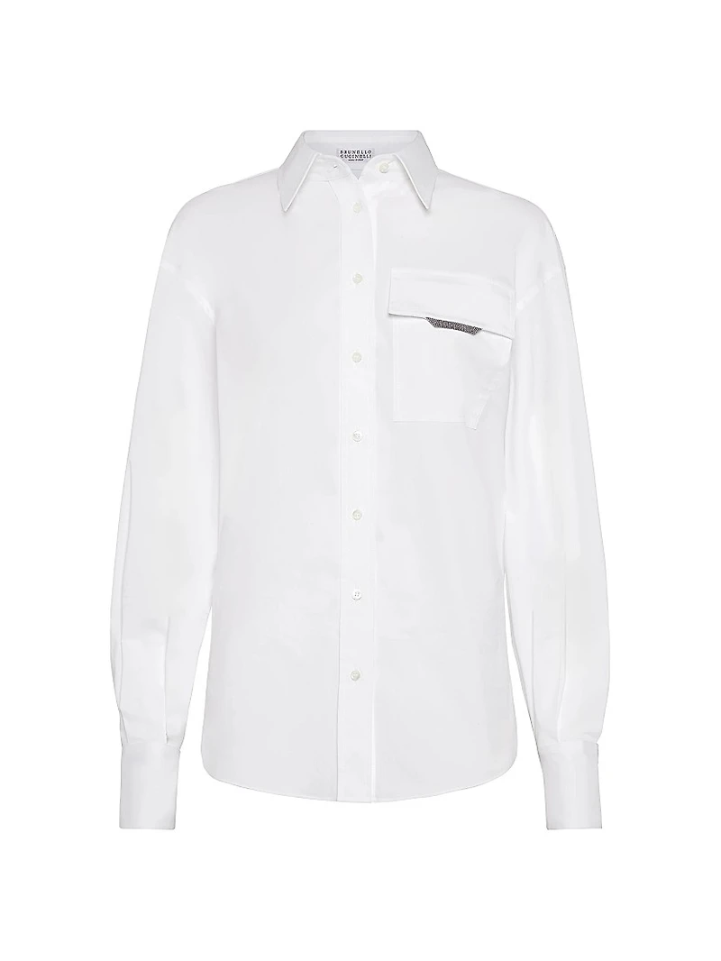 Stretch Cotton Poplin Shirt with Shiny Flap Detail