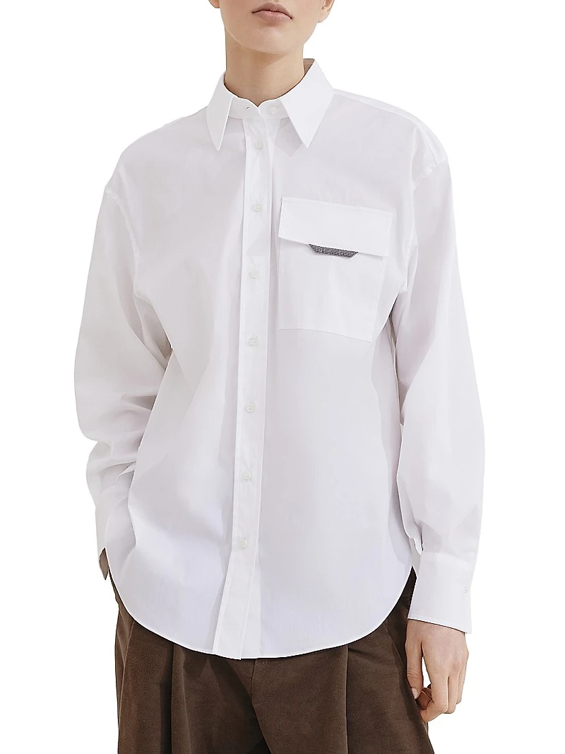 Stretch Cotton Poplin Shirt with Shiny Flap Detail