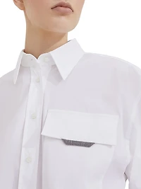 Stretch Cotton Poplin Shirt with Shiny Flap Detail