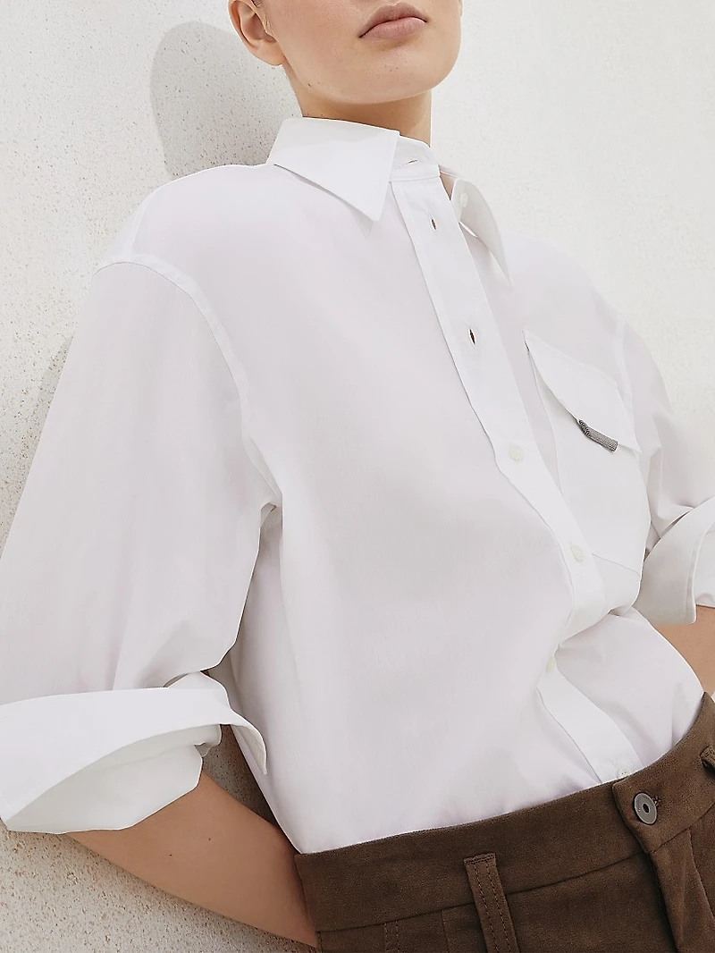 Stretch Cotton Poplin Shirt with Shiny Flap Detail