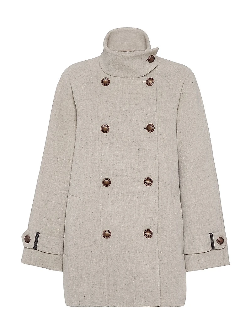 Hand Crafted Pea Coat Virgin Wool and Cashmere Double Cloth with Shiny Cuff Details