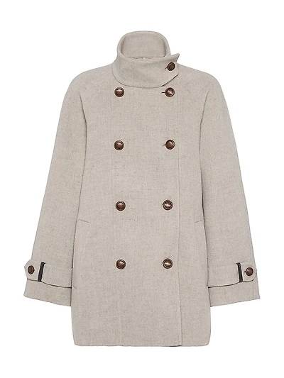 Hand Crafted Pea Coat Virgin Wool and Cashmere Double Cloth with Shiny Cuff Details