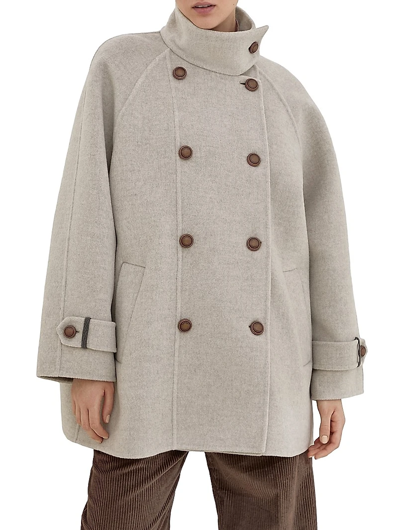 Hand Crafted Pea Coat Virgin Wool and Cashmere Double Cloth with Shiny Cuff Details