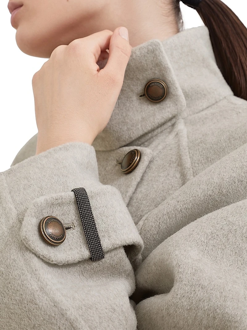 Hand Crafted Pea Coat Virgin Wool and Cashmere Double Cloth with Shiny Cuff Details