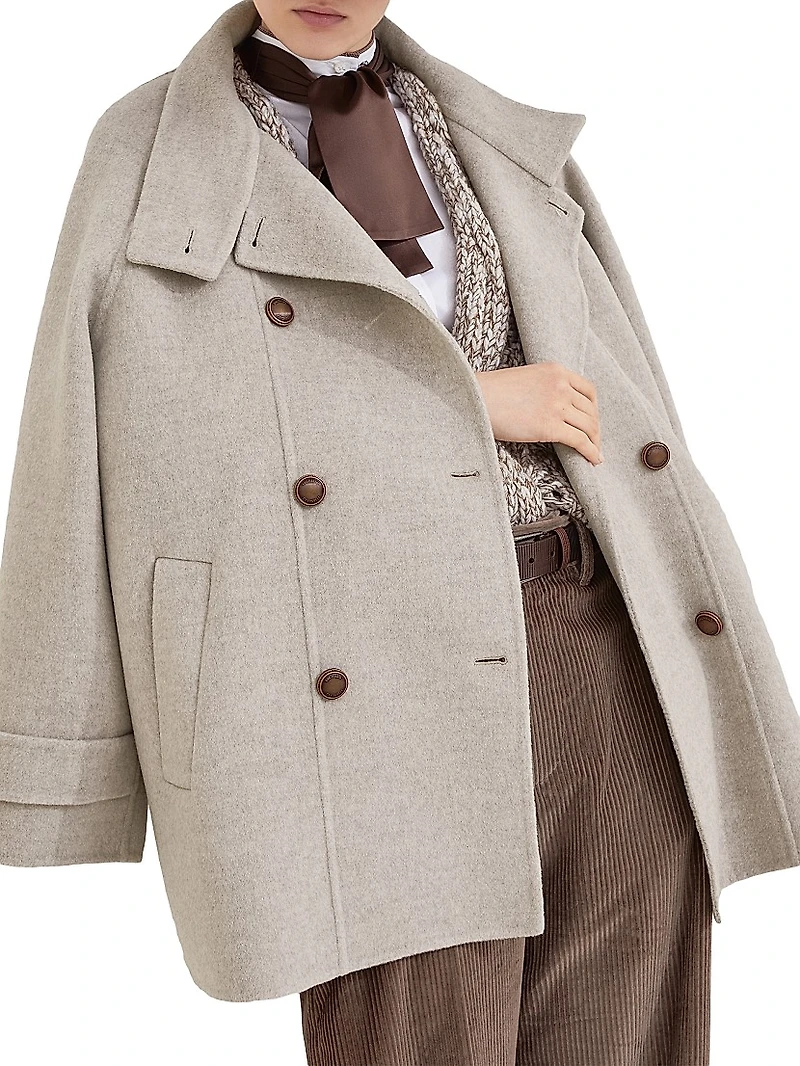 Hand Crafted Pea Coat Virgin Wool and Cashmere Double Cloth with Shiny Cuff Details