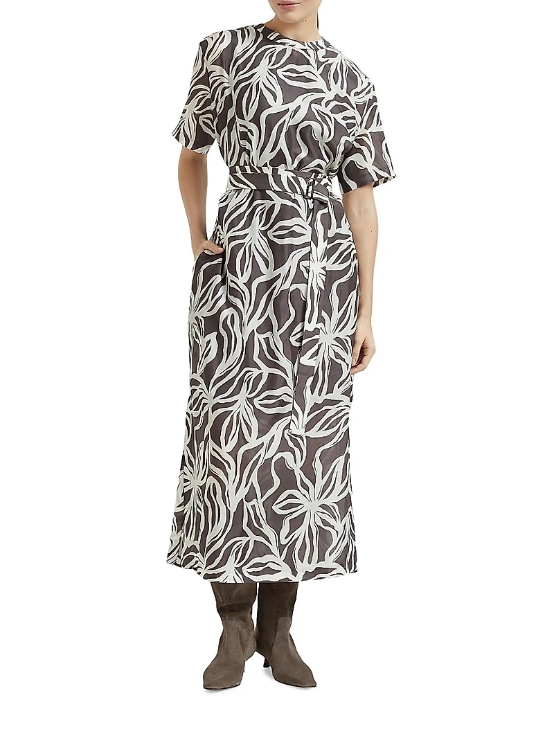 Silk Floral Print Pongée Midi T-Shirt Dress