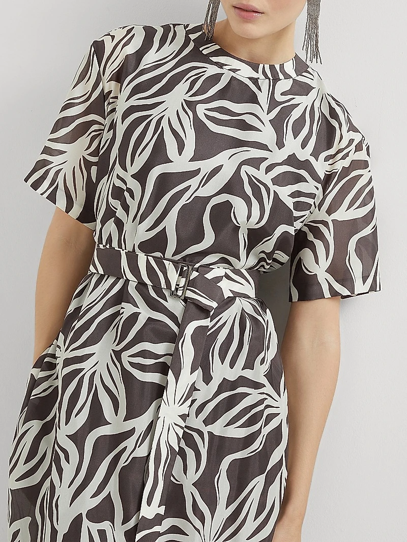 Silk Floral Print Pongée Midi T-Shirt Dress