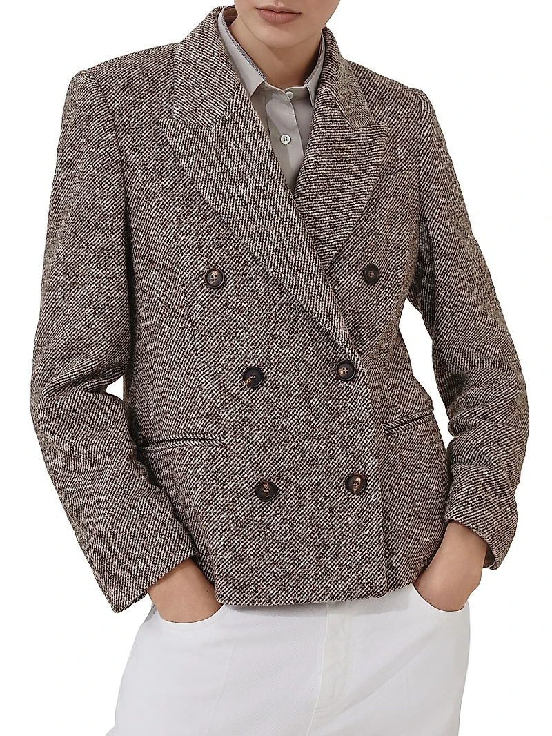 Virgin Wool and Silk Mélange Diagonal Blazer with Monili