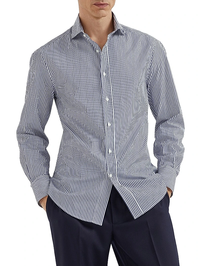 Striped Poplin Slim Fit Shirt with Spread Collar