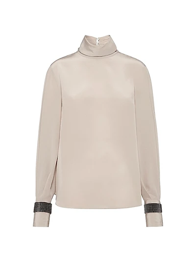 Silk Crêpe De Chine Turtleneck T-Shirt with Precious Bracelets