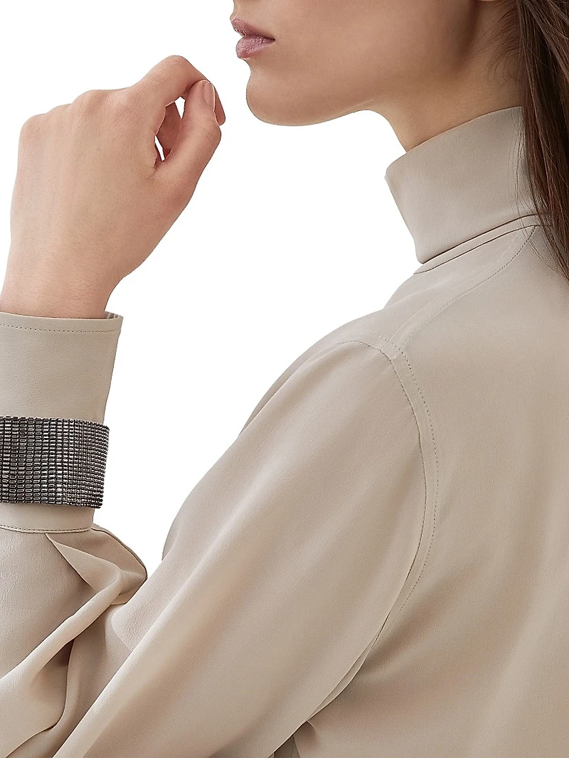 Silk Crêpe De Chine Turtleneck T-Shirt with Precious Bracelets