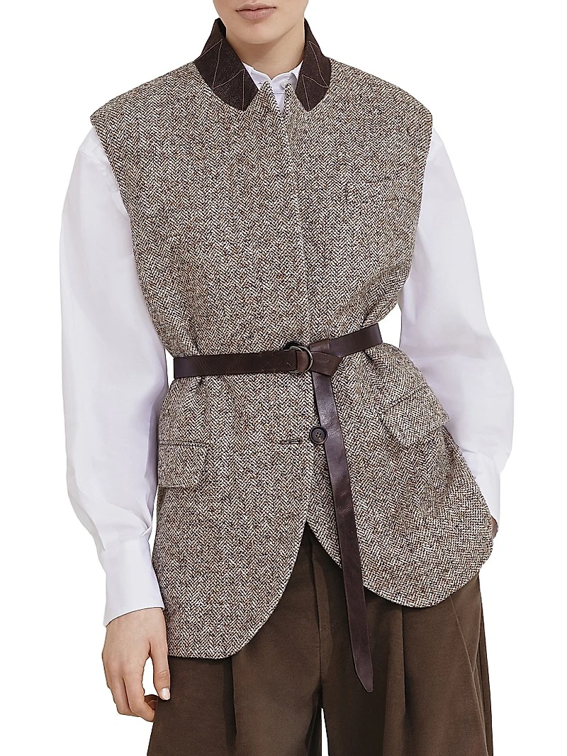 Flecked Virgin Wool and Silk Chevron Vest with Leather Belt Monili