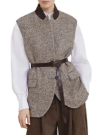 Flecked Virgin Wool and Silk Chevron Vest with Leather Belt Monili