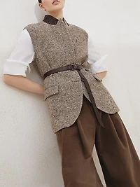 Flecked Virgin Wool and Silk Chevron Vest with Leather Belt Monili