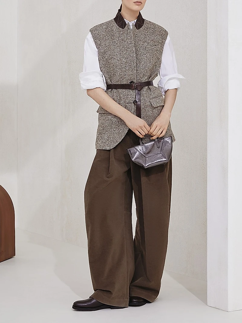 Flecked Virgin Wool and Silk Chevron Vest with Leather Belt Monili