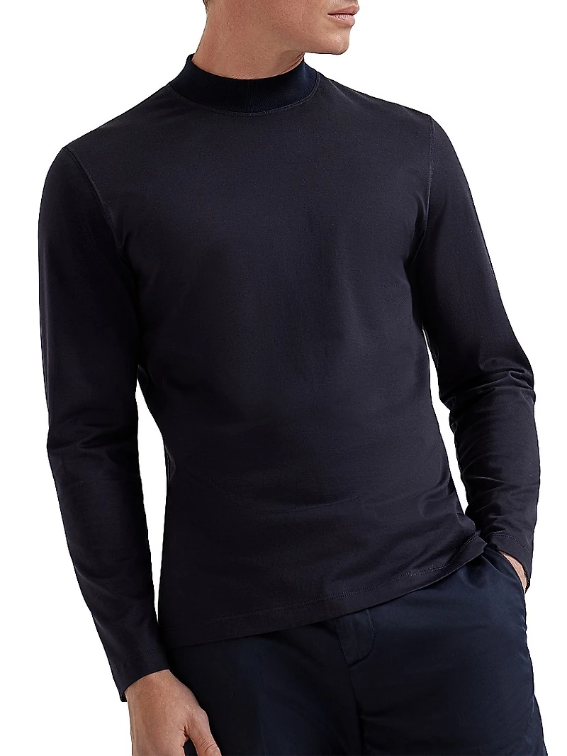 Cotton Jersey Mock Neck Long Sleeve T-Shirt