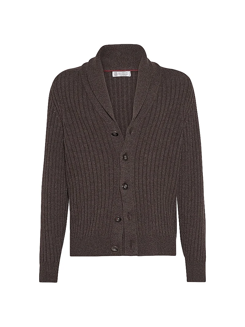 Cashmere Flat Rib Cardigan with Metal Buttons