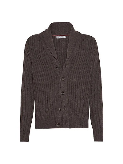 Cashmere Flat Rib Cardigan with Metal Buttons