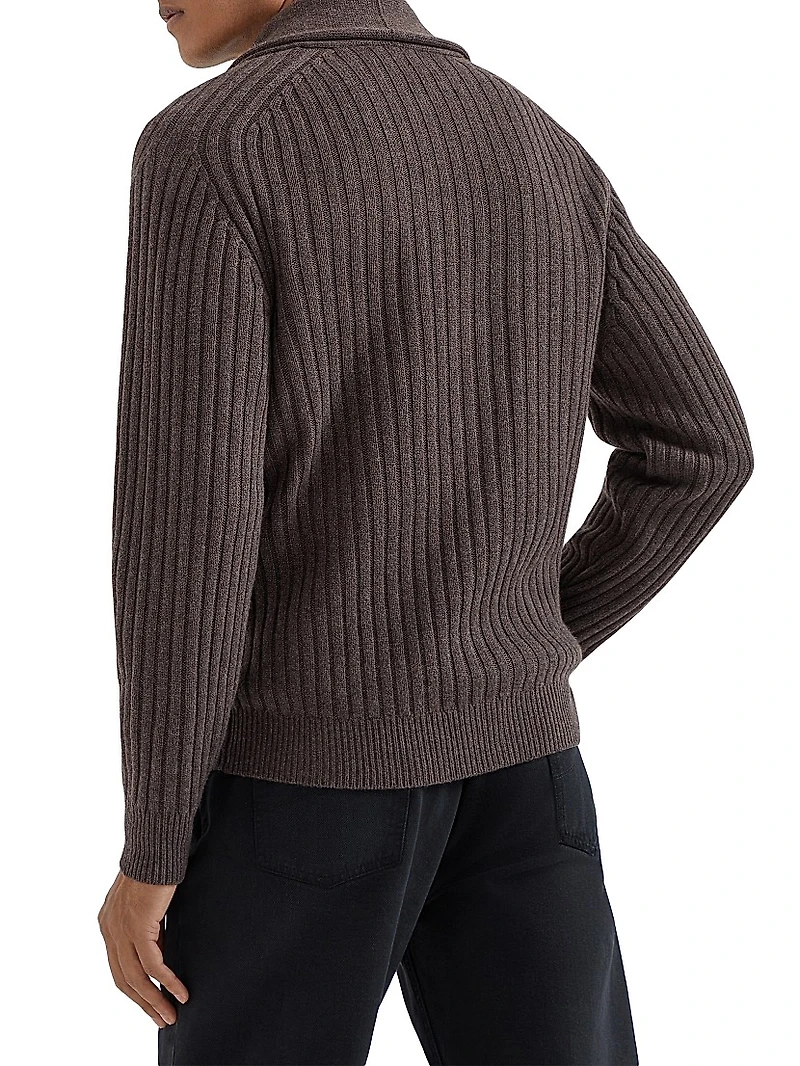 Cashmere Flat Rib Cardigan with Metal Buttons