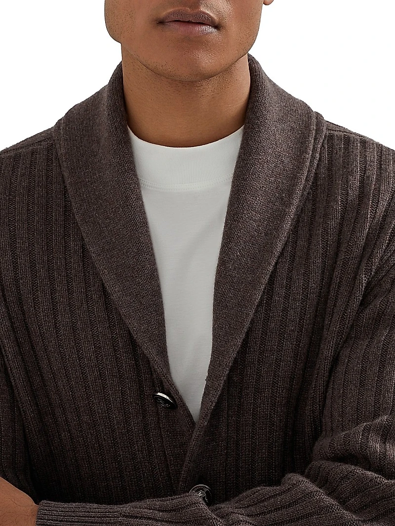 Cashmere Flat Rib Cardigan with Metal Buttons